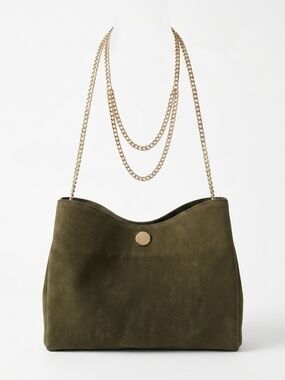 Zara Olive Suede Shoulder Bag with Gold Chain Strap 100% Cow Leather